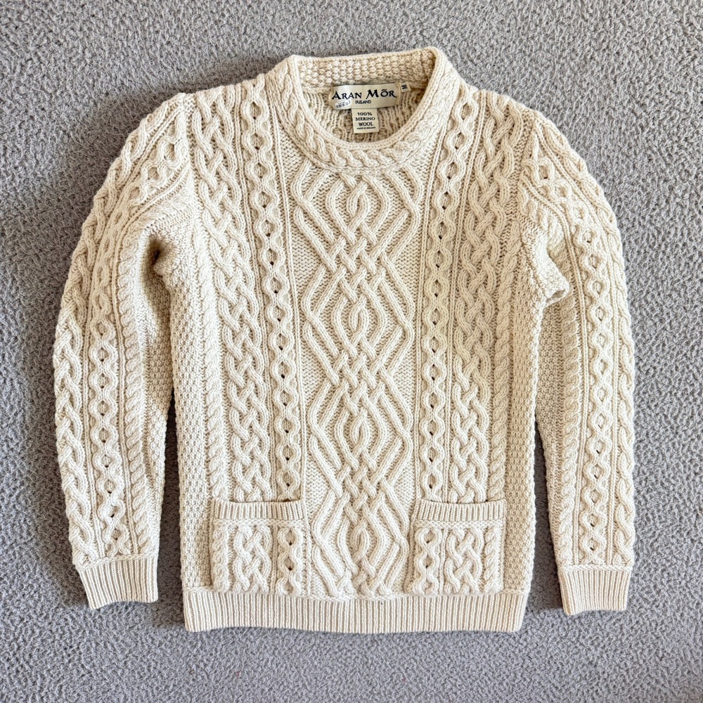 Aran Mor Ireland Womens Medium Ivory Cable Knit 100% Merino Wool Sweater Chunky